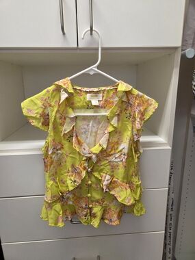 Maeve Lime Green Floral Ruffle Button-Front Blouse